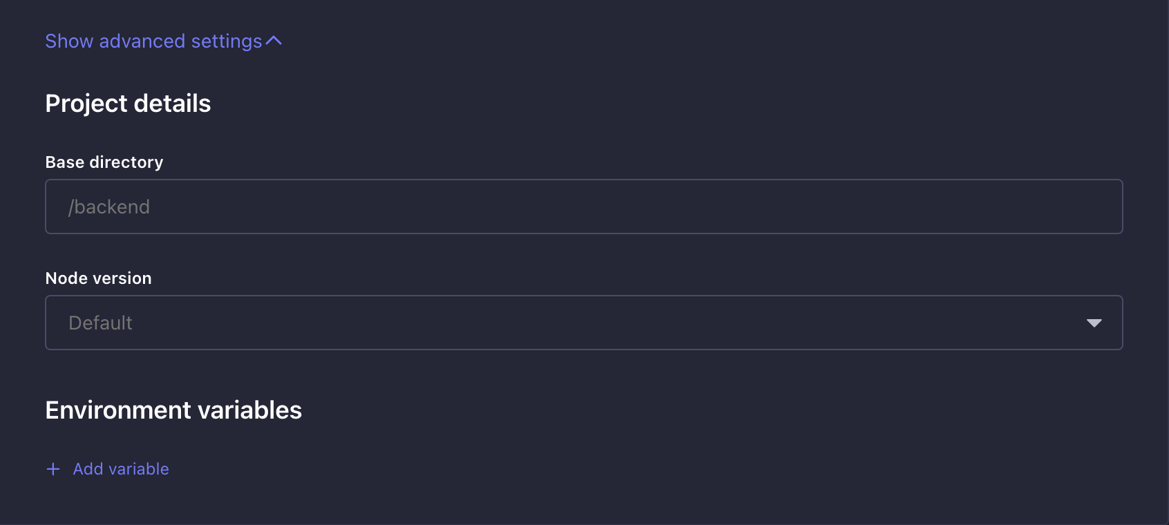 Project creation advanced settings