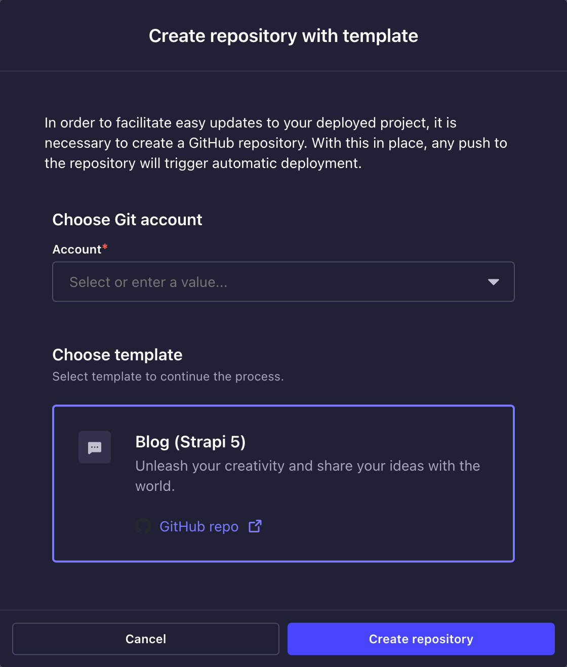 Create repo with template modal