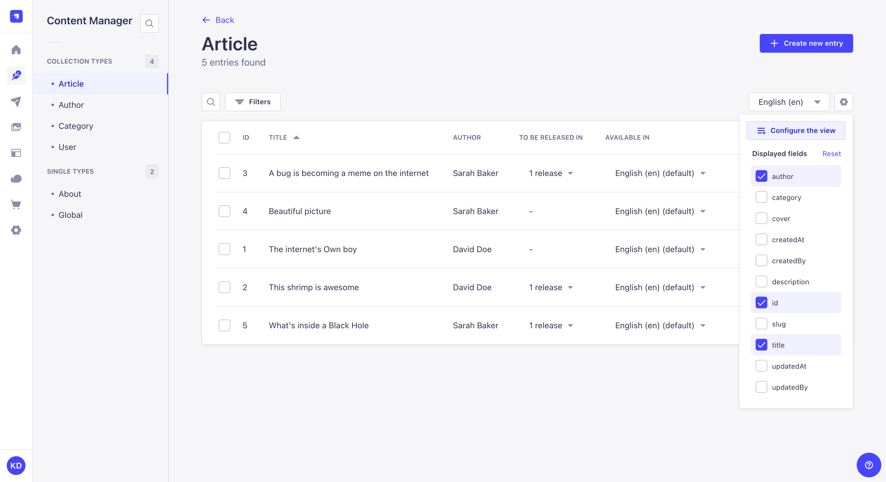 Displayed fields in the settings of a list view in the Content Manager