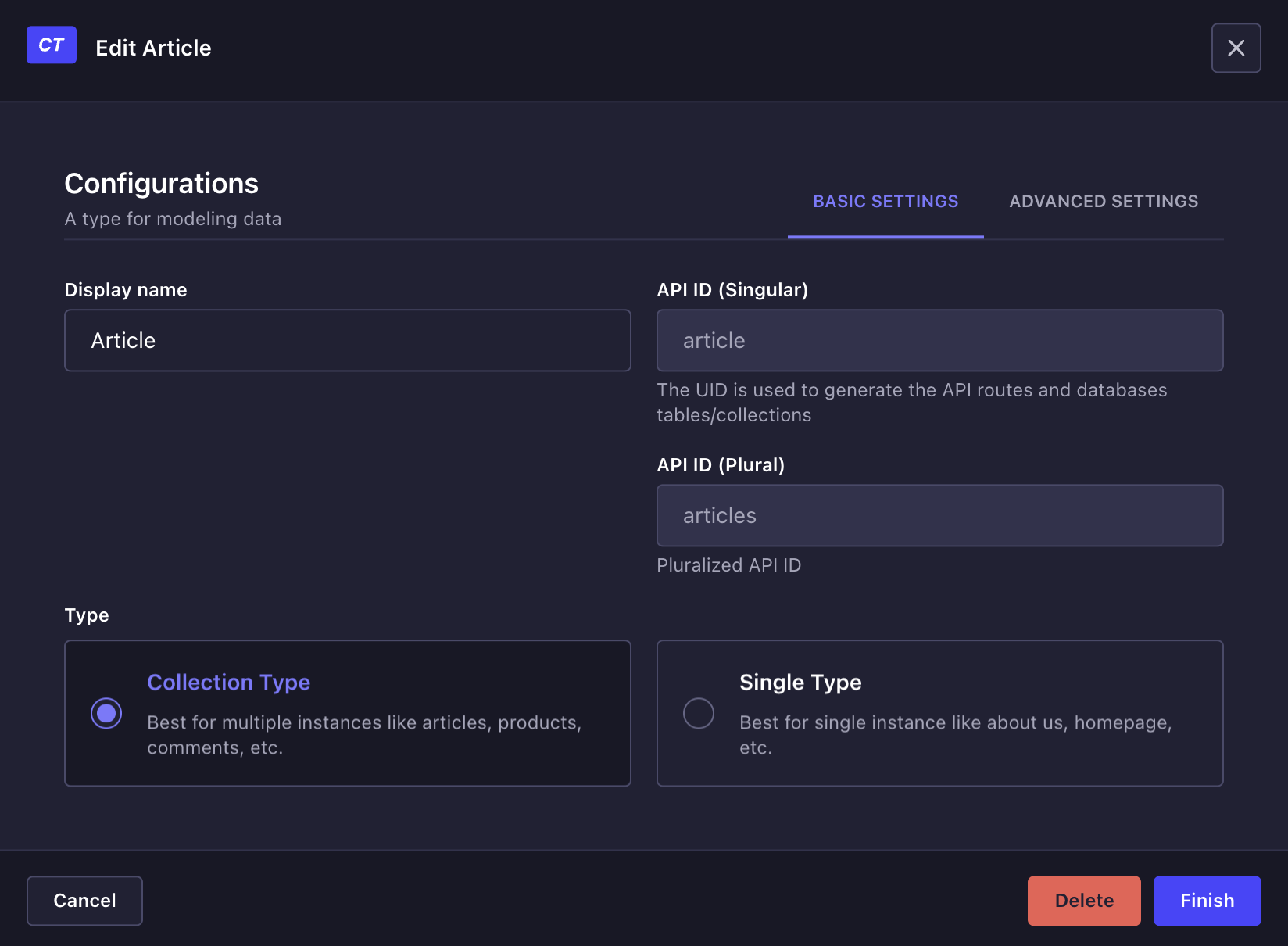 Content-type Builder's basic settings